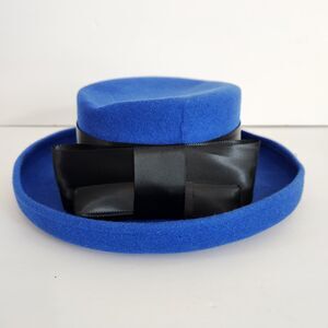Bollman Hat Co Vintage Womens Blue Doeskin Felt Wool Hat Black Ribbon Bow